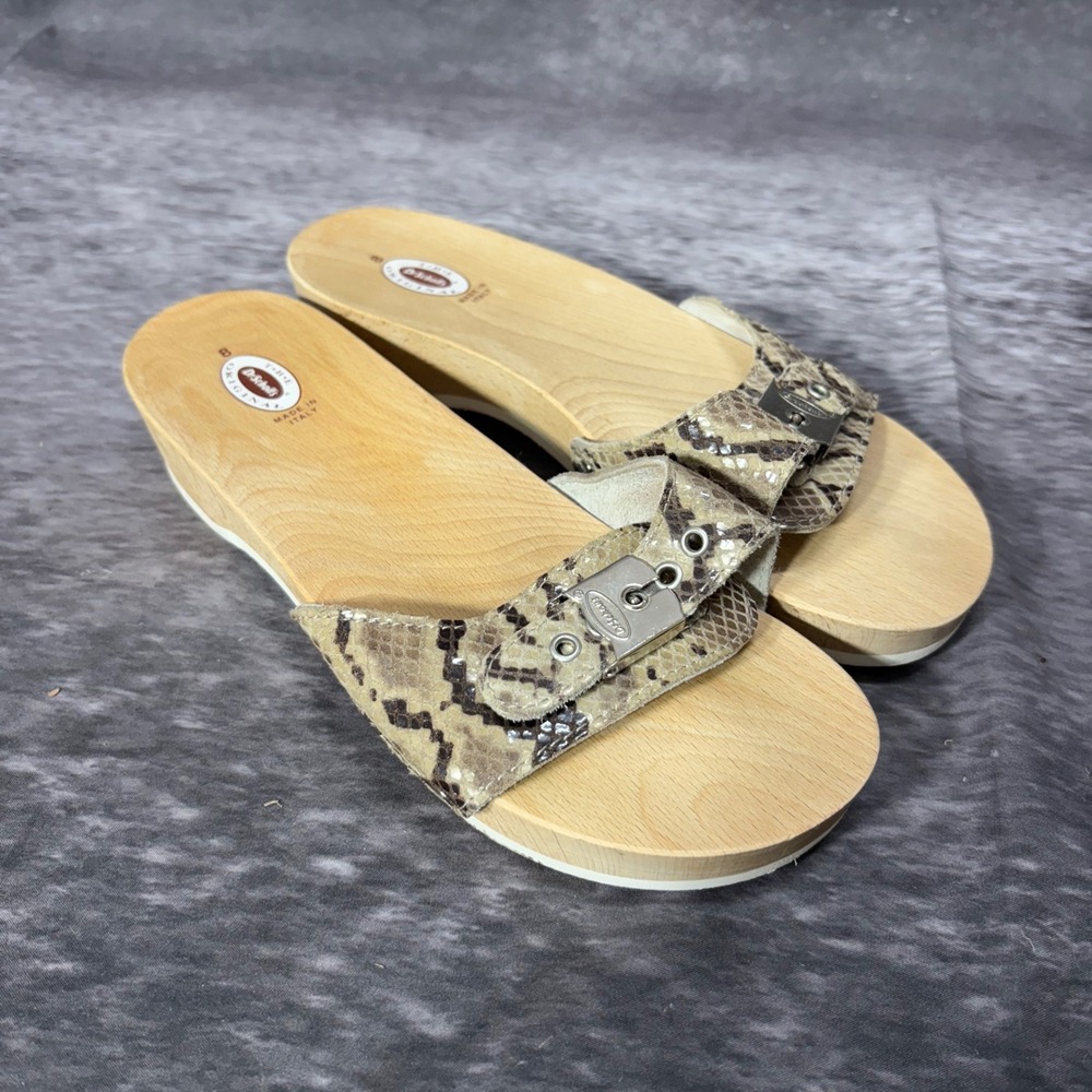 Dr Scholls Originals Wooden Platform Sandals Size 8 Snakeskin Print Made Italy